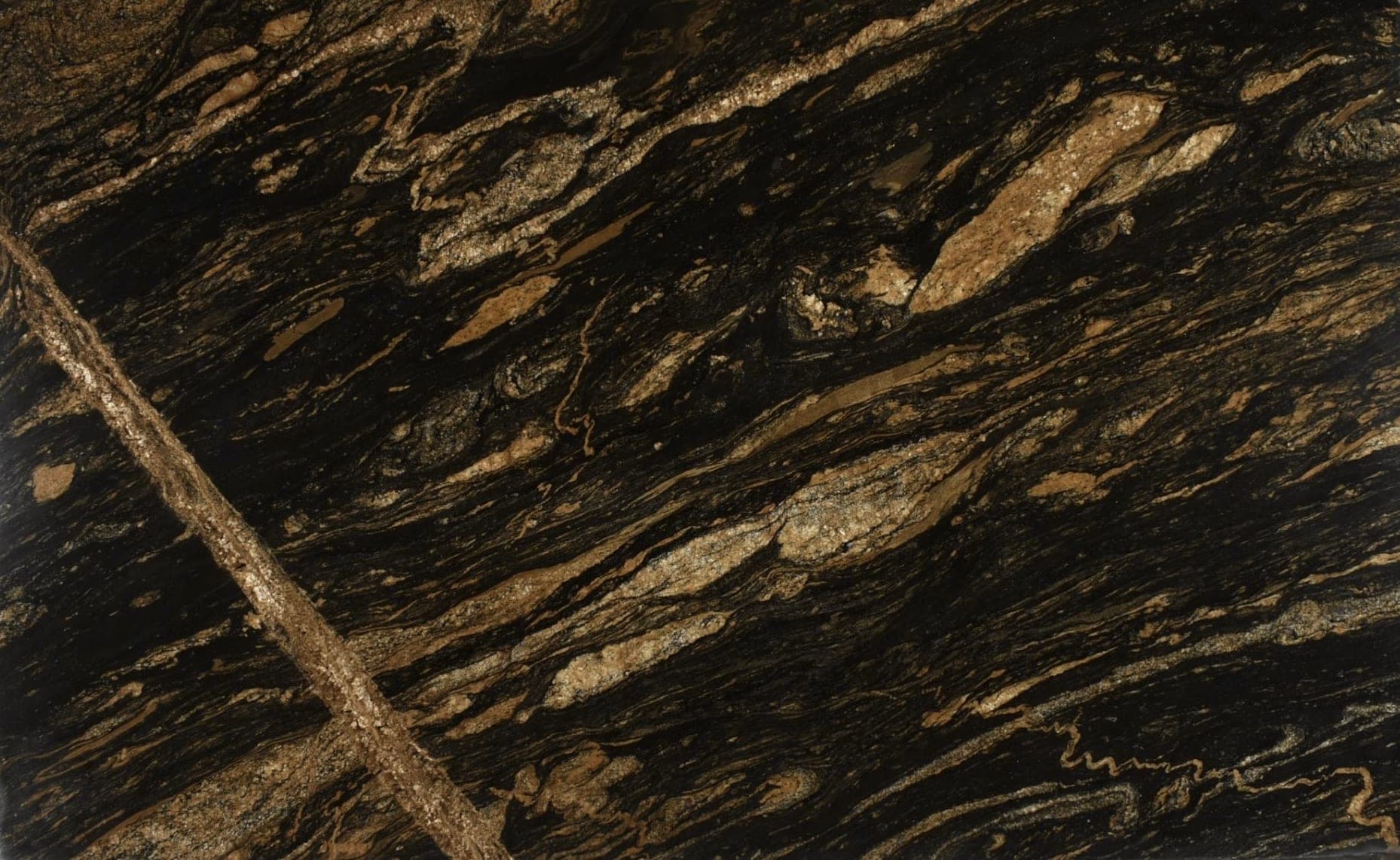 Taurus Black slab in studio, showing the full vein pattern.